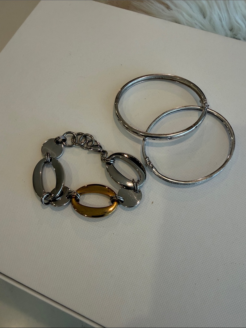 3 pice Stainless Steel and Gold Tone Link and Bangle Bracelet Set